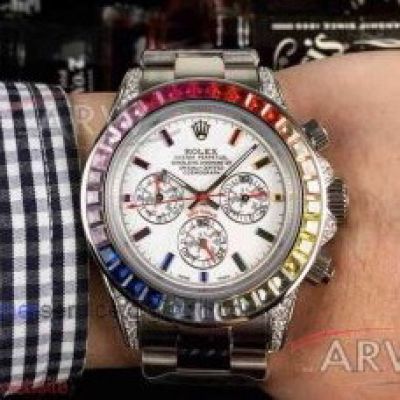 Perfect Replica Rolex Daytona Multicolor Diamond Bezel White Dial 43mm Watch